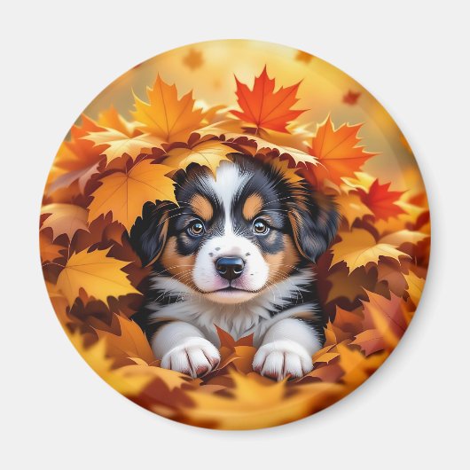 Niedlicher Welpenhund in Herbstlauben Magnet (Vorne)