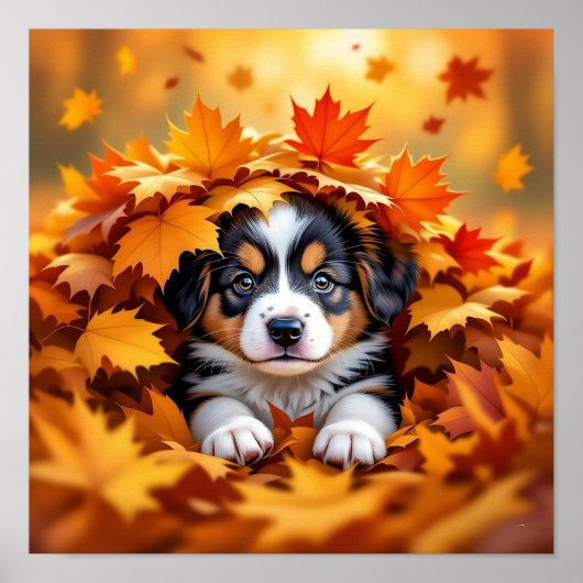Niedlicher Welpenhund in Herbstlauben Poster (Vorne)