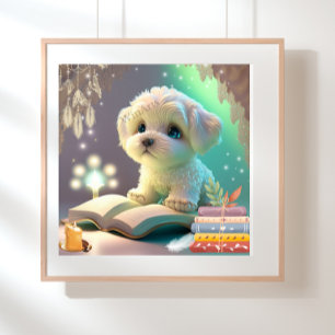 Niedlicher Welpenhund liest ein Buch Kinderzimmer Poster