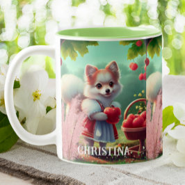 Niedlicher Welpenhund mit Äpfeln, Personalisierter Zweifarbige Tasse