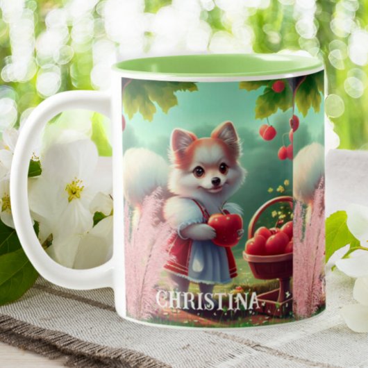 Niedlicher Welpenhund mit Äpfeln, Personalisierter Zweifarbige Tasse