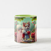 Niedlicher Welpenhund mit Äpfeln, Personalisierter Zweifarbige Tasse (Mittel)