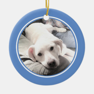 Niedlicher Welpenhund mit Vater rund blau Keramik Ornament