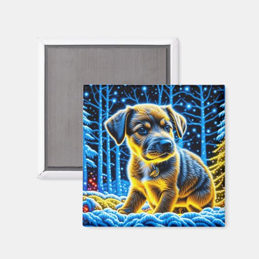 Niedlicher Welpenhund spielt im Schnee Weihnachten Magnet (Vorderseite/Rückseite)