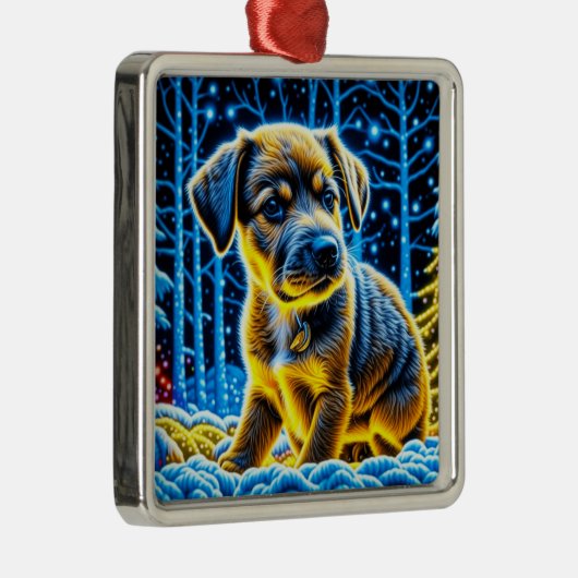 Niedlicher Welpenhund spielt im Schnee Weihnachten Ornament Aus Metall (Rechts)