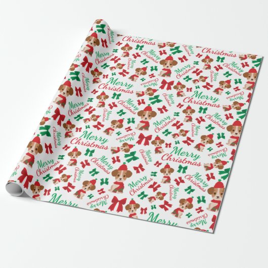 Niedlicher Welpenurlaub Red & Green Bow Frohe Weih Geschenkpapier (Ungerollt)