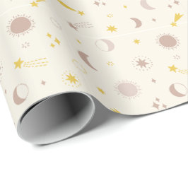 Niedlicher Weltraum Sonnenmond und Sterne auf Crem Geschenkpapier