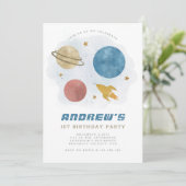 Niedlicher Weltraumplaner Wasserfarbe erste Geburt Einladung (Stehend Vorderseite)