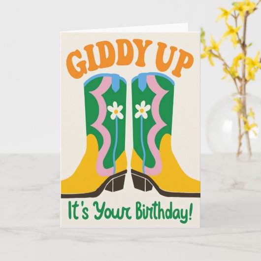 Niedlicher Western Cowgirl Stiefel Retro Blumenstr Karte (Gelbe Blume)