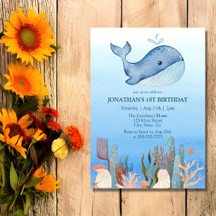 Niedlicher Whale Blue Sea Coral Reef 1. Geburtstag Einladung