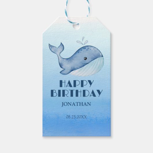 Niedlicher Whale Blue Sea Happy Birthday Geschenkanhänger (Vorderseite)