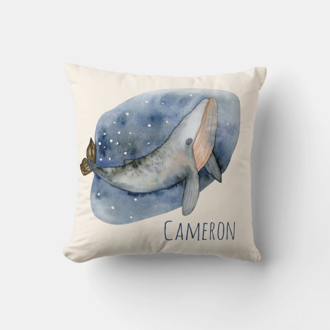 Niedlicher Whale Wasserfarbe Personalisiert blau Kissen (Vorderseite)