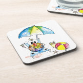 Niedlicher Whimsical Bird am Strand Getränkeuntersetzer (Linke Seite)