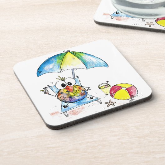 Niedlicher Whimsical Bird am Strand Getränkeuntersetzer (Linke Seite)