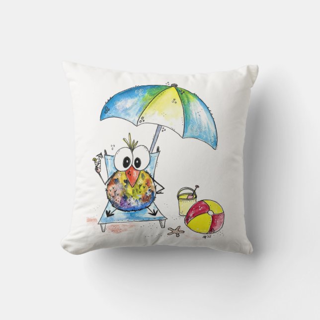 Niedlicher Whimsical Bird am Strand Kissen (Vorderseite)
