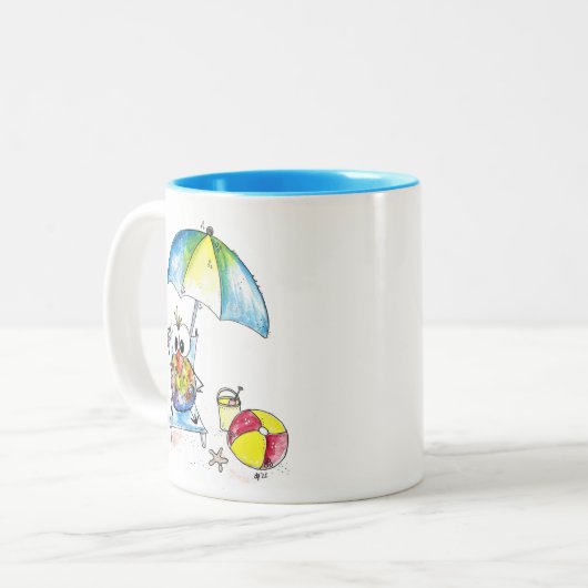 Niedlicher Whimsical Bird am Strand Zweifarbige Tasse (Vorderseite Links)