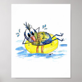 Niedlicher Whimsical Bird auf Floß Poster