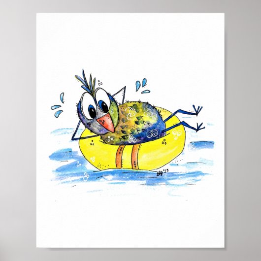 Niedlicher Whimsical Bird auf Floß Poster (Vorne)