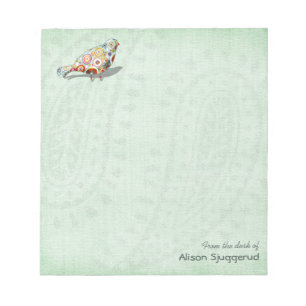 Niedlicher Whimsical Bird Paisley Green Custom Notizblock