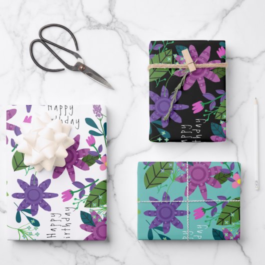Niedlicher Whimsical farbenfroher Blumenglücklich  Geschenkpapier Set (Vorderseite)