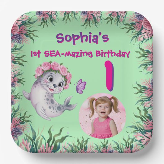 Niedlicher Whimsical Floral Sea Lion Girly Kinderg Pappteller (Vorderseite)