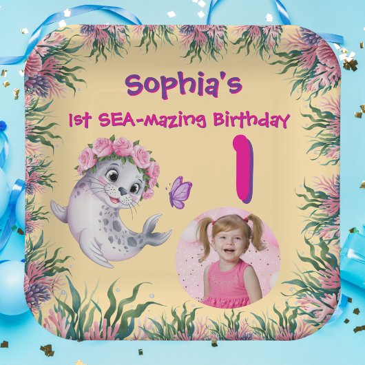 Niedlicher Whimsical Floral Sea Lion Girly Kinderg Pappteller