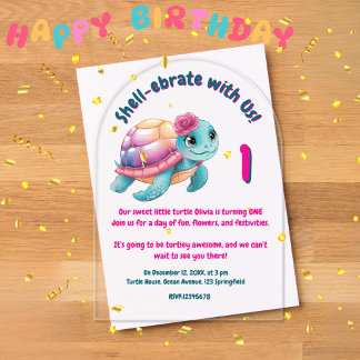 Niedlicher Whimsical Floral Turtle Girly Kindergeb Acryleinladungen
