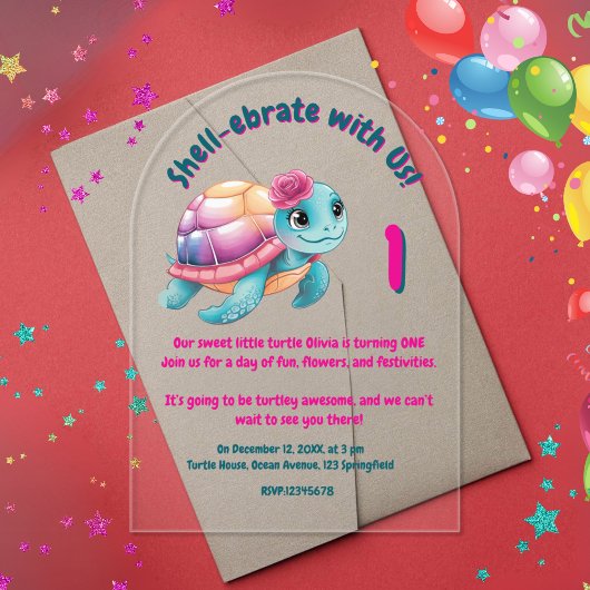 Niedlicher Whimsical Floral Turtle Girly Kindergeb Acryleinladungen