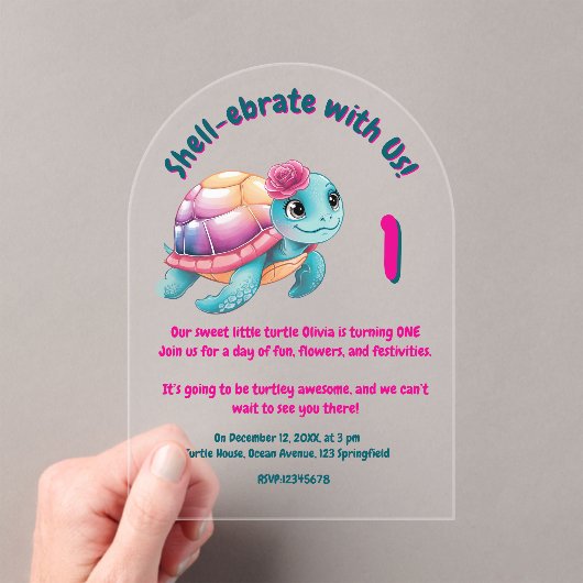 Niedlicher Whimsical Floral Turtle Girly Kindergeb Acryleinladungen (Insitu (Handheld))