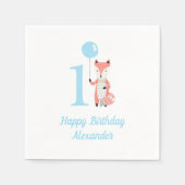 Niedlicher Whimsical Fox & Balloon Blue 1. Geburts Serviette (Vorderseite)