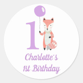 Niedlicher Whimsical Fox & Balloon Lila 1. Geburts Runder Aufkleber