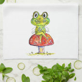 Niedlicher Whimsical Green Frosch auf Toadstool Geschirrtuch (Gefaltet)