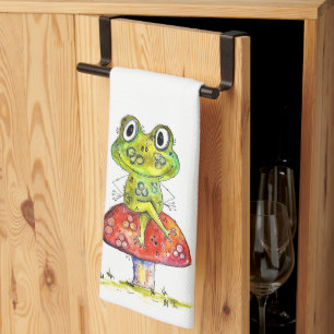 Niedlicher Whimsical Green Frosch auf Toadstool Geschirrtuch