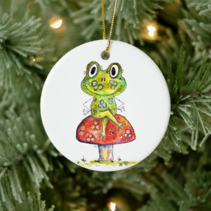 Niedlicher Whimsical Green Frosch auf Toadstool Keramik Ornament