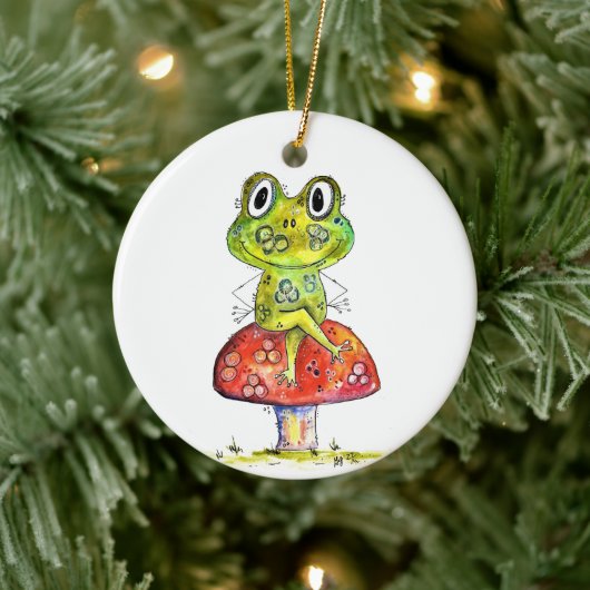 Niedlicher Whimsical Green Frosch auf Toadstool Keramik Ornament (Baum)
