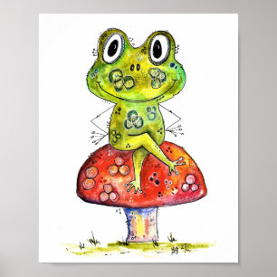 Niedlicher Whimsical Green Frosch auf Toadstool Poster