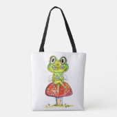 Niedlicher Whimsical Green Frosch auf Toadstool Tasche (Rückseite)