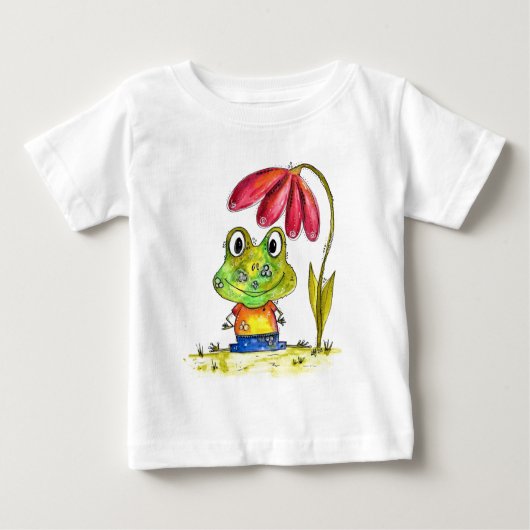 Niedlicher Whimsical Green Frosch unter einer rote Baby T-shirt (Vorderseite)