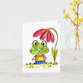 Niedlicher Whimsical Green Frosch unter einer rote Karte (Gelbe Blume)