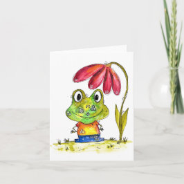 Niedlicher Whimsical Green Frosch unter einer rote Karte