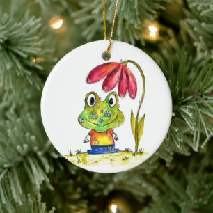 Niedlicher Whimsical Green Frosch unter einer rote Keramik Ornament
