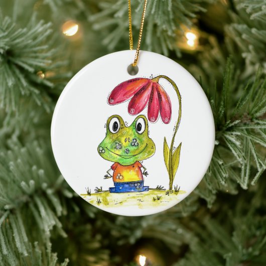 Niedlicher Whimsical Green Frosch unter einer rote Keramik Ornament (Baum)