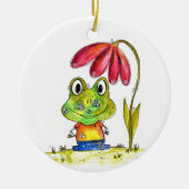 Niedlicher Whimsical Green Frosch unter einer rote Keramik Ornament (Vorne)
