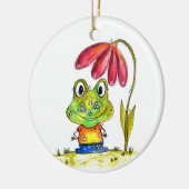 Niedlicher Whimsical Green Frosch unter einer rote Keramik Ornament (Links)