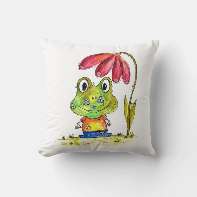 Niedlicher Whimsical Green Frosch unter einer rote Kissen (Vorderseite)