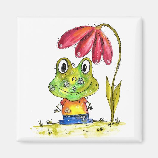 Niedlicher Whimsical Green Frosch unter einer rote Magnet (Vorne)