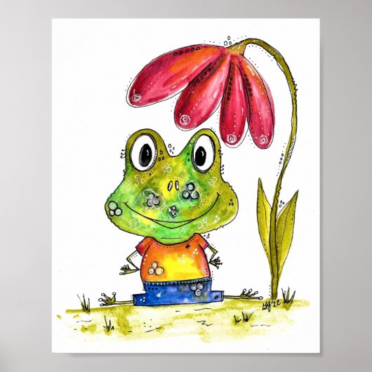Niedlicher Whimsical Green Frosch unter einer rote Poster (Vorne)
