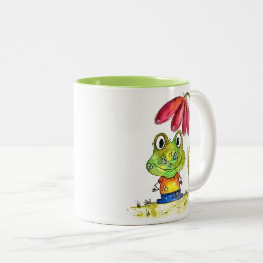 Niedlicher Whimsical Green Frosch unter einer rote Zweifarbige Tasse (VorderseiteRechts)