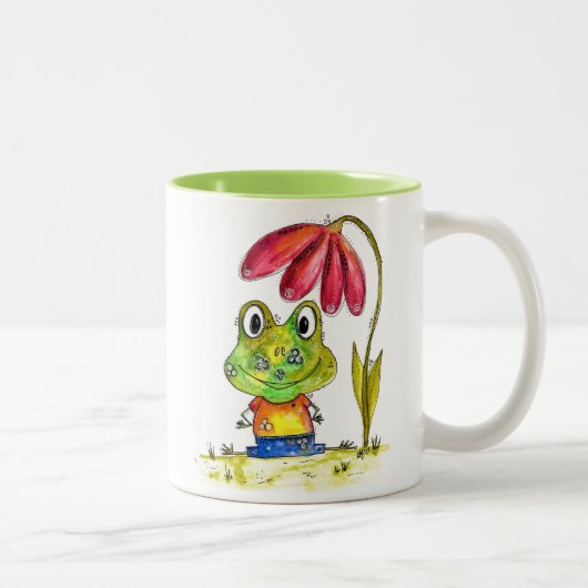 Niedlicher Whimsical Green Frosch unter einer rote Zweifarbige Tasse (Rechts)