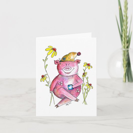 Niedlicher Whimsical Pig Drink Kaffee Karte (Vorderseite)
